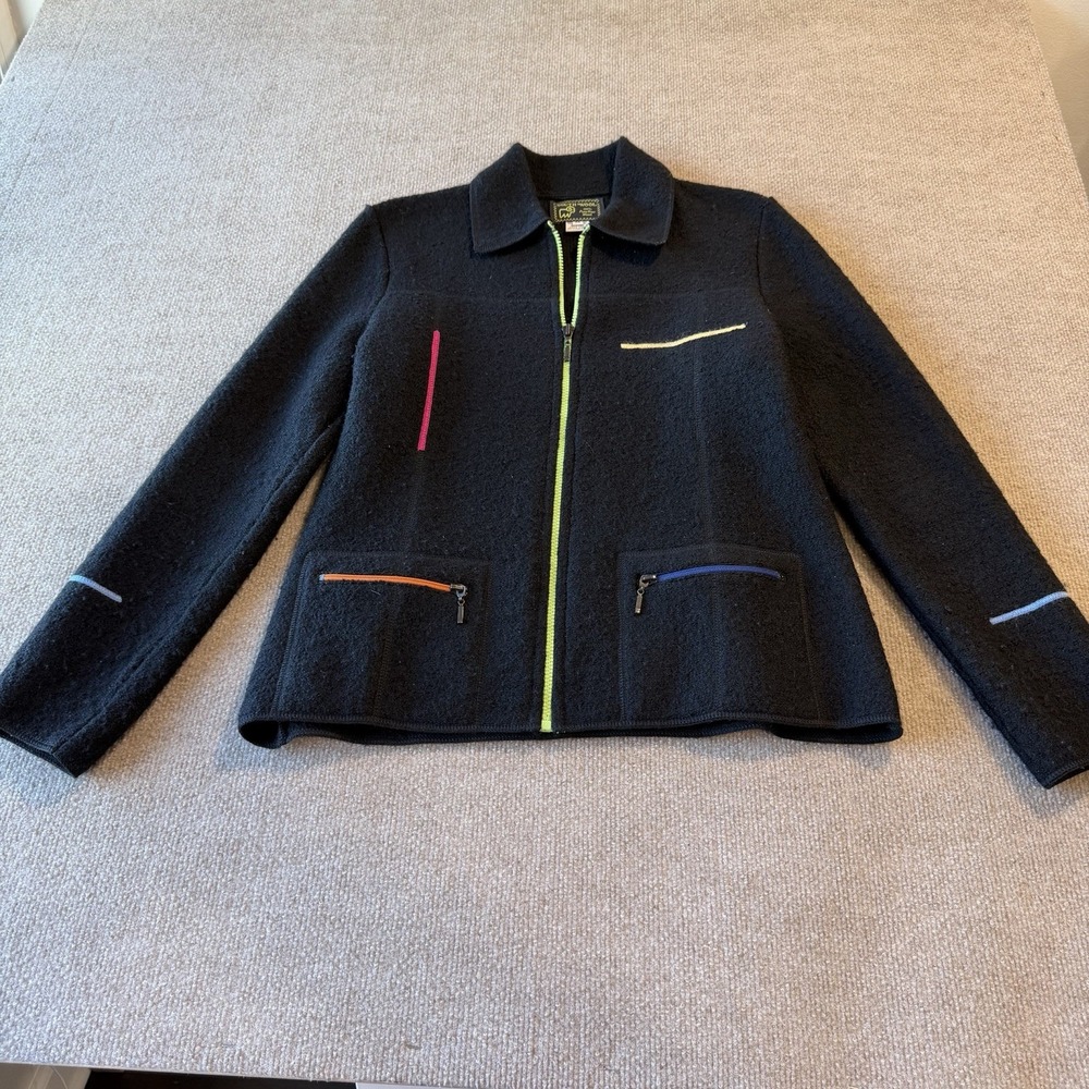 Vintage South Wool Black Multicolor Zip Up Woman's Size Medium‎ 100% Wool